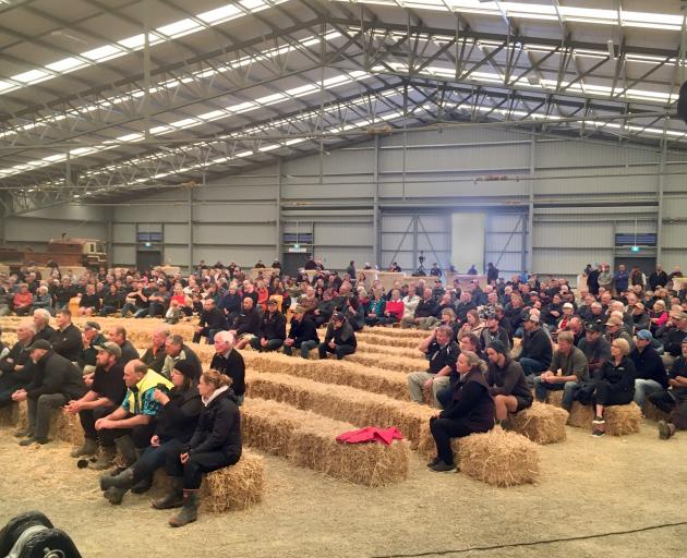 Farmers gather at a meeting in Waimumu, near Gore, yesterday to hear about new freshwater rules...