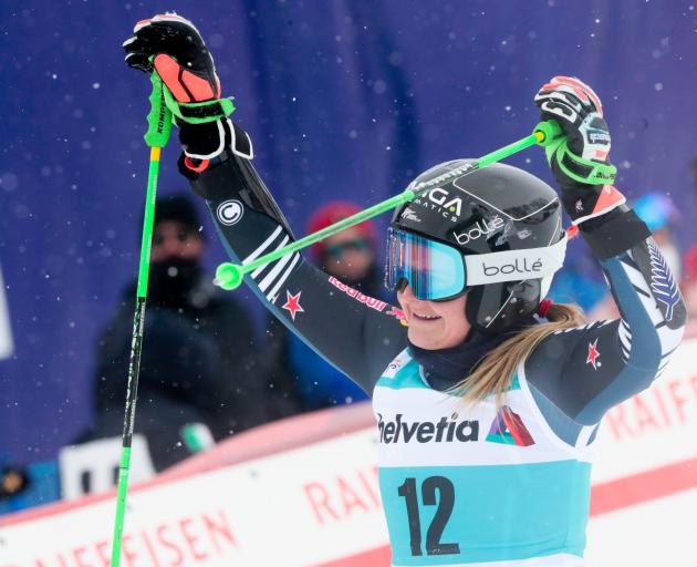 Queenstown’s Alice Robinson celebrates winning the gold medal  at the  FIS Giant Slalom World Cup...