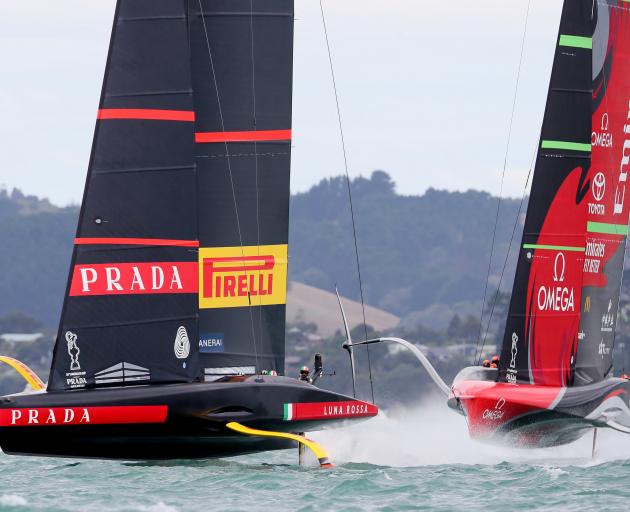 Luna Rossa Prada Pirelli in action with Emirates Team New Zealand during Race 2 of the America's...