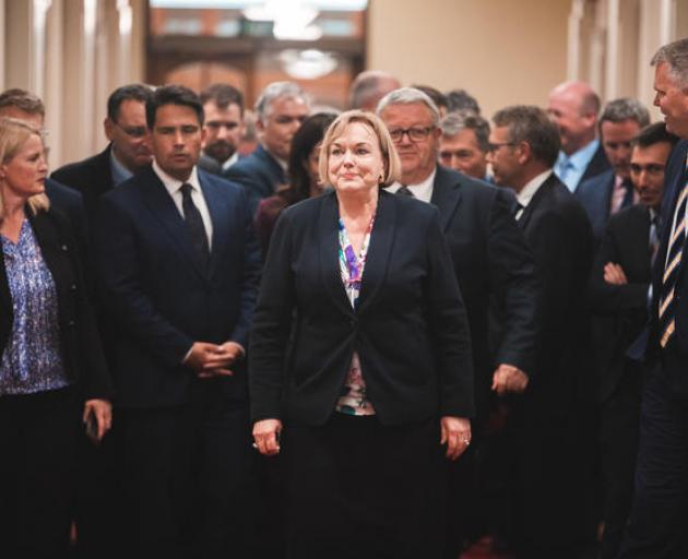 Judith Collins leads the National caucus to a media conference last week. Photo: RNZ 