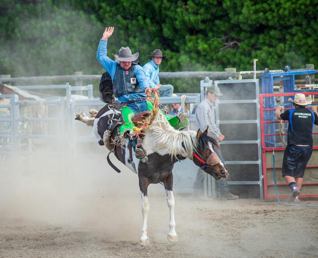 New Zealand’s 2020 saddle bronc riding champion Jeremy Dillon rode one of Tim Costello’s bucking...