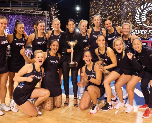 The Silver Ferns celebrate claiming the Constellation Cup in Christchurch. Photo: Getty Images