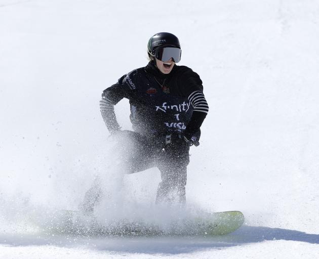 Zoi Sadowski Synnott, of Wanaka, is thrilled after finishing her winning run in the FIS Snowboard...