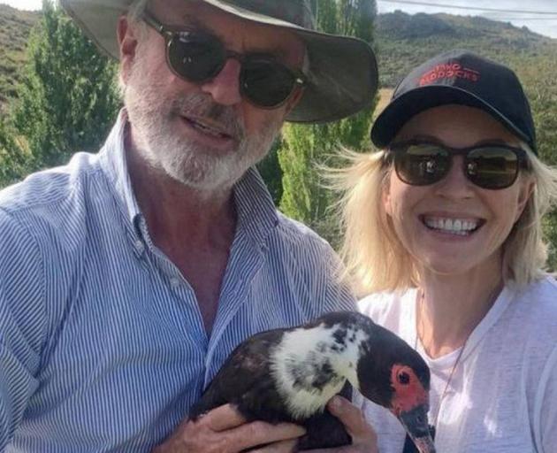 Sam Neill and Rebecca Gibney take a break from filming at his Two Paddocks vineyard in Clyde.