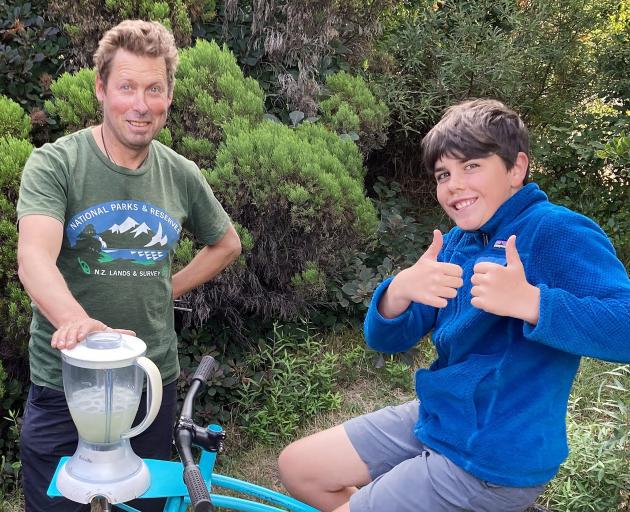 Testing a juice bike which will be on display at the Wanaka A&P Show are mechanic Callum Grant...