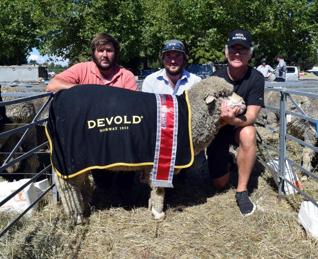 Celebrating their two-tooth ram winning the supreme champion merino sheep at the Wanaka A&P Show...