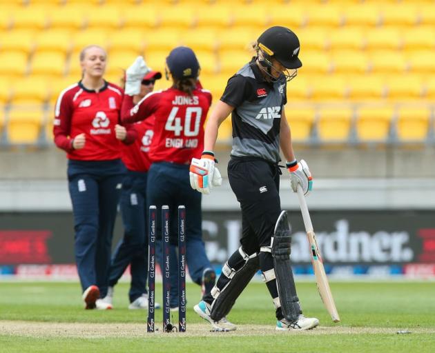 Maddy Green departs after getting out during the White Ferns series against England last week....