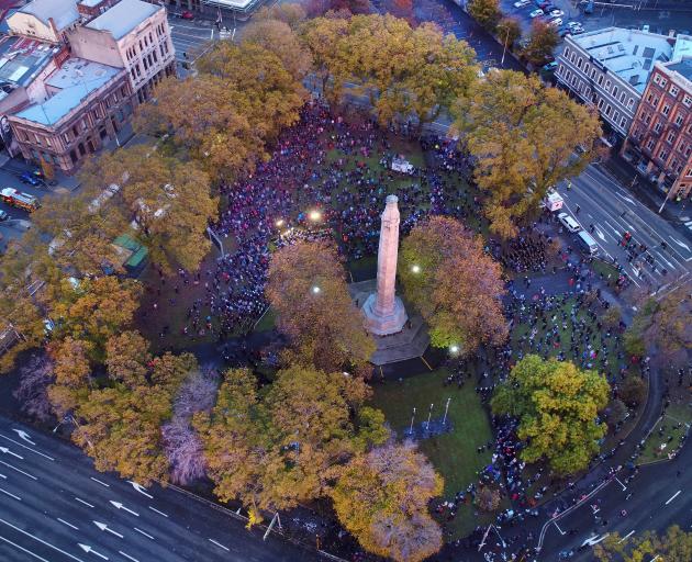 People gather for the dawn service at the Cenotaph in Dunedin. PHOTO: STEPHEN JAQUIERY
