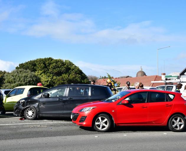 Three cars were involved in a crash near Kmart in Invercargill today. Photo: Laura Smith