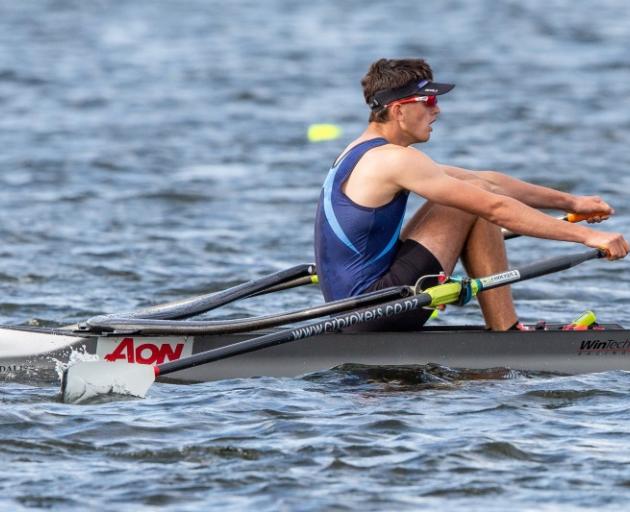 Cromwell College’s Mathew King on the way to claiming bronze in the under-16 boys single sculls....