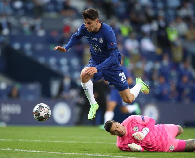 Chelsea's Kai Havertz scores the match's only goal. Photo: Pool via REUTERS