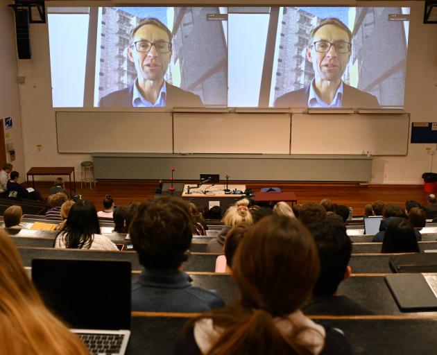 Director-general of health Dr Ashley Bloomfield speaks via video link to a University of Otago...