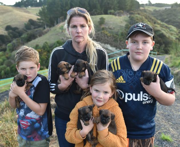  Holding the 4-week-old puppies from their two missing dogs are (from left) Beau (8), Pearl (6),...