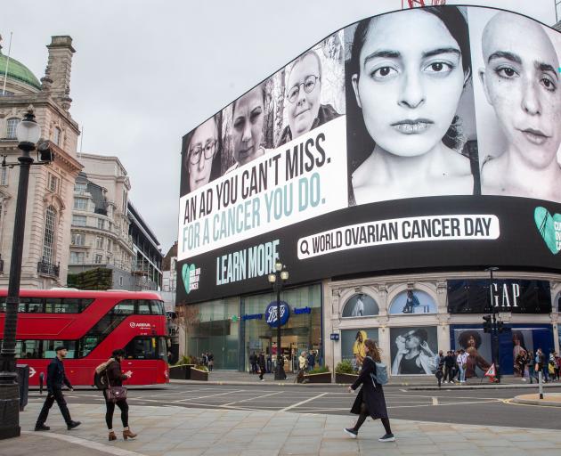 The Cure Our Ovarian Cancer billboard in Piccadilly Circus, London, on Saturday. PHOTO: SUPPLIED