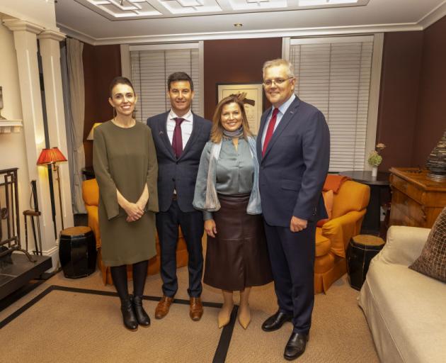 New Zealand Prime Minister Jacinda Ardern with partner Clarke Gayford, and Australian Prime Minister Scott Morrison with wife Jenny during a dinner at Eichardts Private Hotel on the Queenstown. Photo: Getty Images