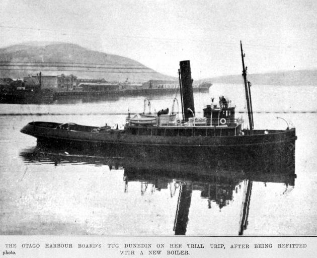 The Otago Harbour Board tug Dunedin on a trial trip on May 11, 1921 after being refitted with a...