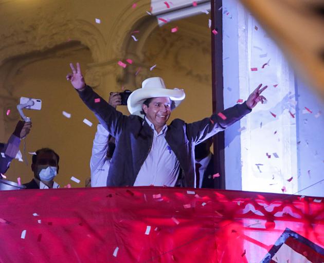Peru's presidential candidate Pedro Castillo addresses supporters in Lima. Photo: Reuters
