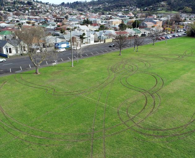 Bathgate Park, in South Dunedin, has been extensively damaged by a vehicle. PHOTO: STEPHEN JAQUIERY