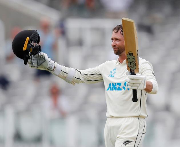 Devon Conway celebrates reaching his century at Lord's on Wednesday. Photo: Action Images via...