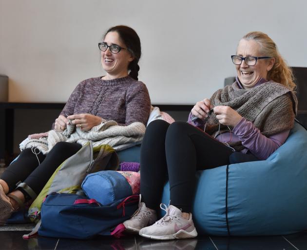 Dunedin knitters Rachel French (left) and Nicky Parsons were among dozens to attend a World Knit...