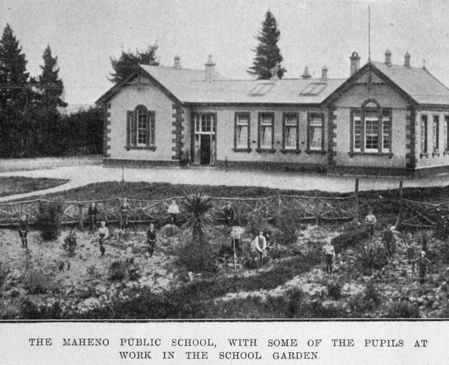 Maheno School, with some of the pupils at work in the school garden. — Otago Witness, 21.6.1921. 