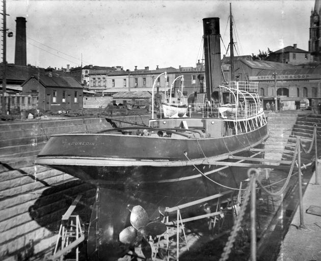 The salvage tug Dunedin nears completion at Stevenson and Cook’s dock in 1914. It would later tow...
