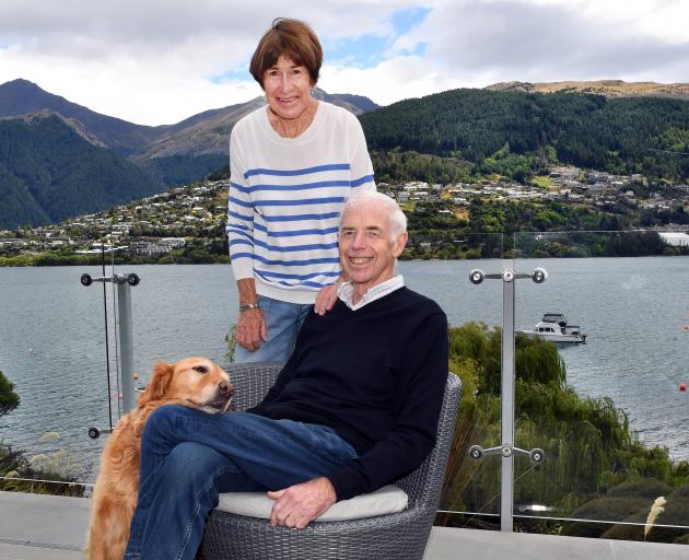 Sir Eion Edgar, Jan, Lady Edgar and their dog, Poppy, at their Kelvin Heights home in Queenstown...