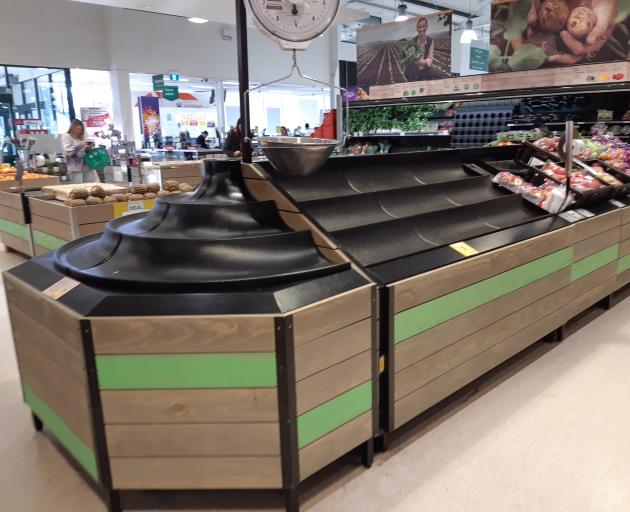 Empty shelves in the fruit and vegetable department at Countdown Dunedin Central after flooding across Canterbury blocked supply. PHOTO: SUPPLIED