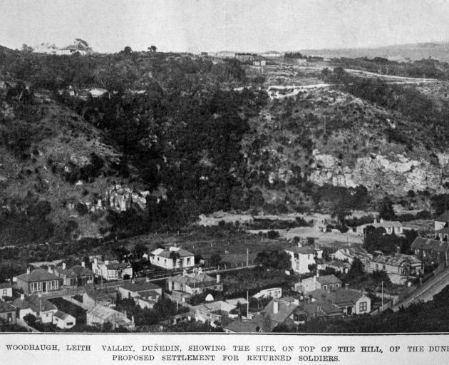 View of Woodhaugh, Leith Valley, Dunedin showing the site, on top of the hill, of the Dunedin...