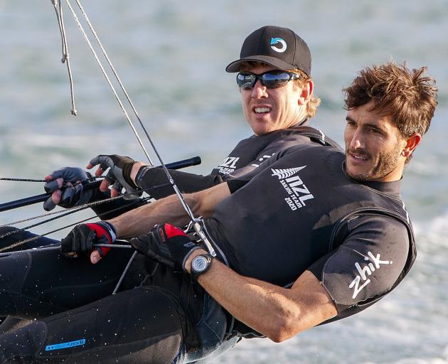 Rio Olympic gold medallists Peter Burling and Blair Tuke run their 49er through its paces on the...