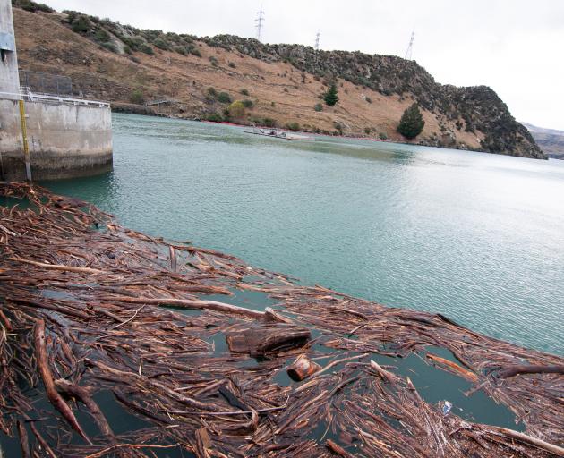 Waves caused by high winds washed driftwood and other debris on to the road at Roxburgh Dam...