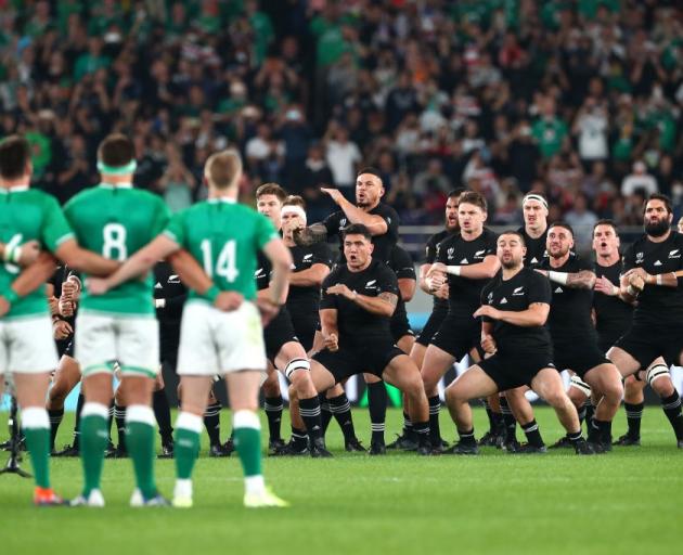The All Blacks perform the haka in front of the Irish at the Rugby World Cup quarterfinal. Photo:...