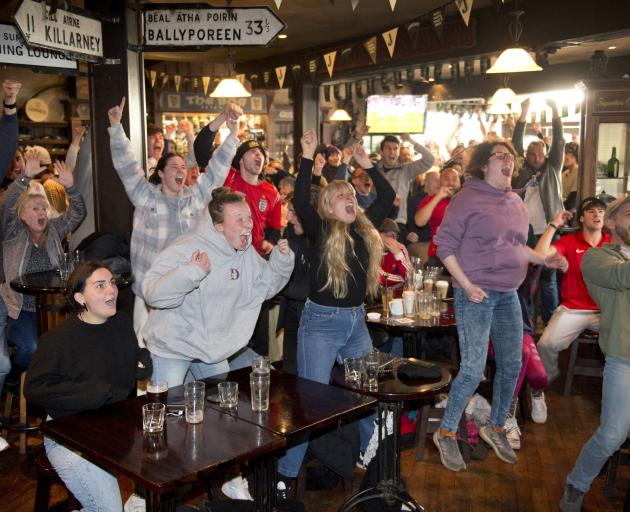 Emotions run high at The Bog, in Dunedin, yesterday morning during the Euro 2020 final. Photos:...