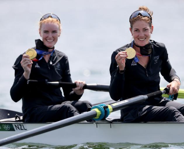 Grace Prendergast and Kerri Gowler from New Zealand with gold medal at the award ceremony. Photo:...