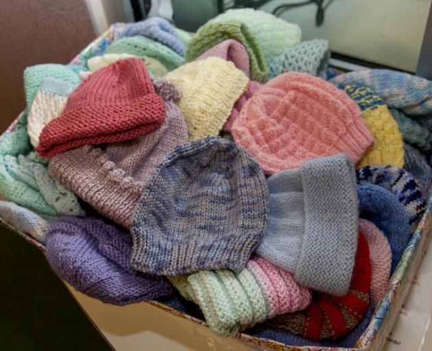 The donated hats for babies in the reception at Christchurch Women's Hospital. Photo: Geoff Sloan