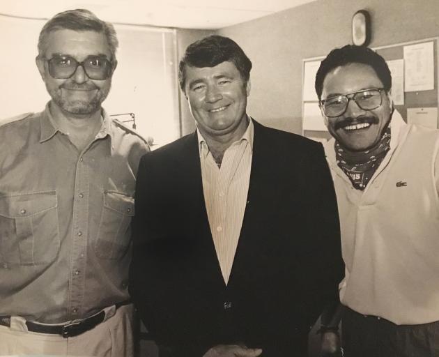 James Daniels with former 3ZM co-host Ken Ellis and the late Jim Anderton. Photo: Supplied