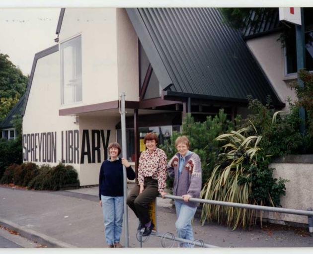 Library assistants Barbara Moorhouse, Kim Slack, and Hilary Renfree outside Spreydon Library when...