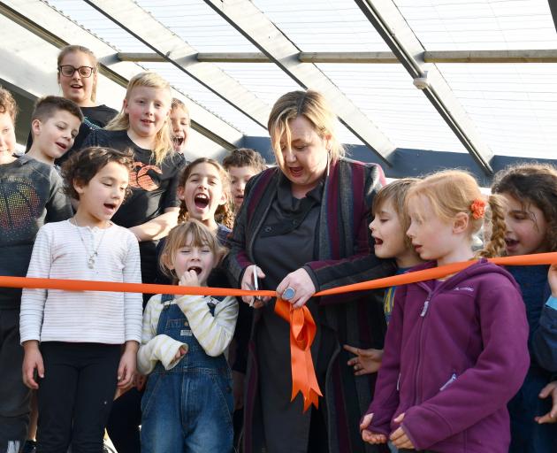 Energy and resources minister Dr Megan Woods with Halfmoon Bay School pupils yesterday...