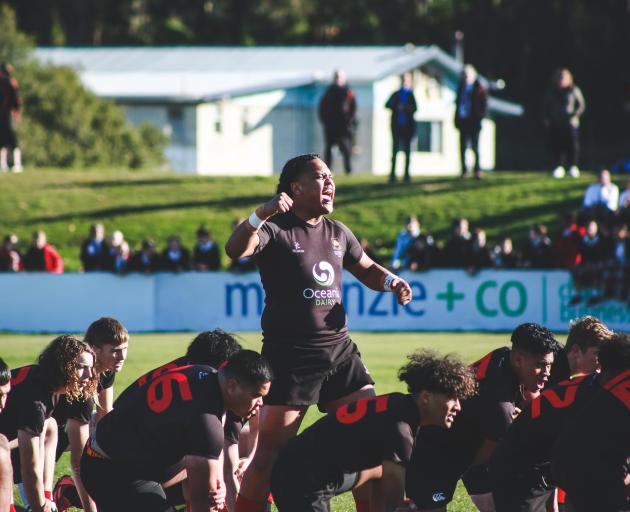 Waitaki captain Adrian Tevao leads the haka. Photo: Rebecaa Ryan