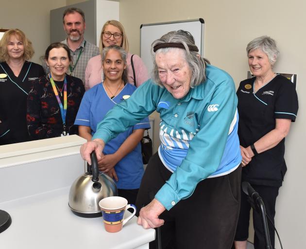 Former New Zealand test cricketer Louise Clough (83) makes a cup of tea in the Older Personal...