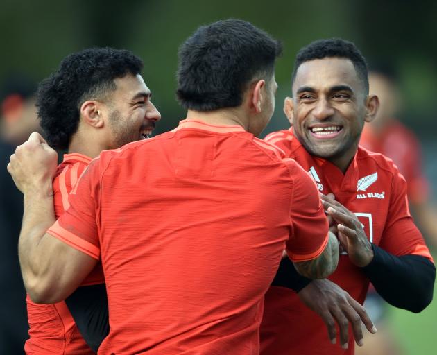 All Black winger Sevu Reece (right) shares a laugh with team-mates Richie Mo’unga (left) and...