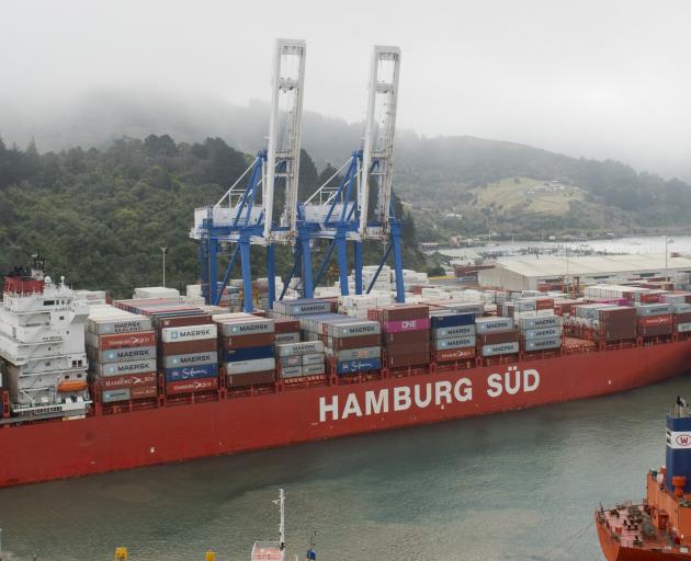 Port Otago’s tugs nudge Rio Bravo into the container berth behind Rio Blanco at the multi-purpose...