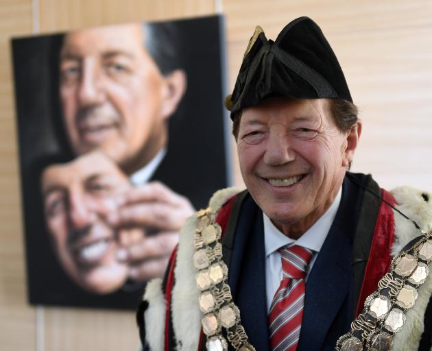 Mayor Shadbolt stands in front of his portrait. Photo: ODT files