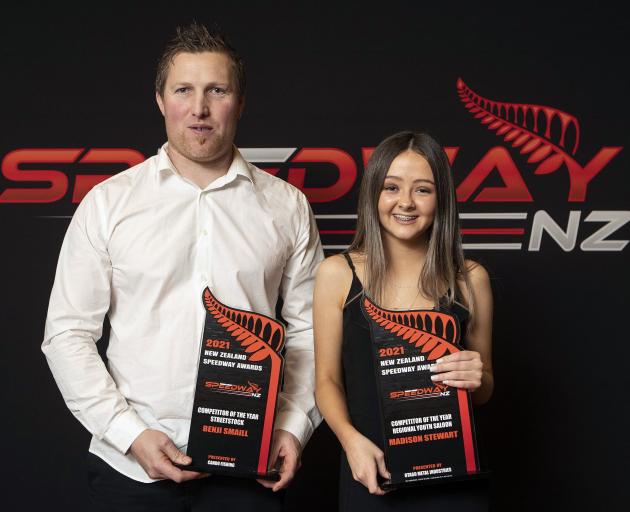 Otago drivers Benji Smaill and Madi Stewart with the prizes they won at the New Zealand Speedway...