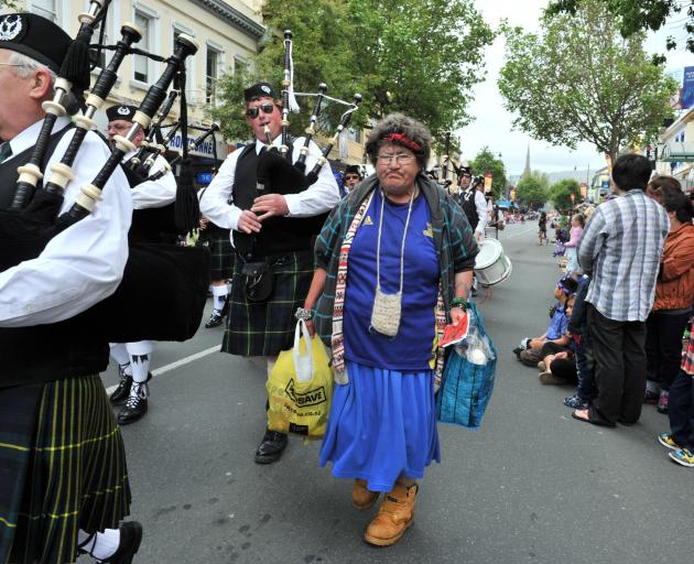 Joan Butcher helps lead the Dunedin Christmas Parade down George St in 2012. PHOTO: Jane Dawber
