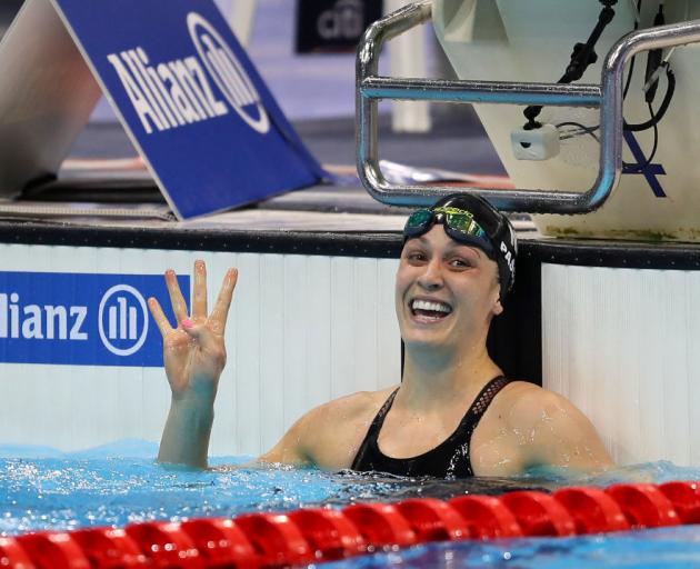 Sophie Pascoe of New Zealand celebrates winning the Women's 50M Freestyle S9 final. Photo: Getty...