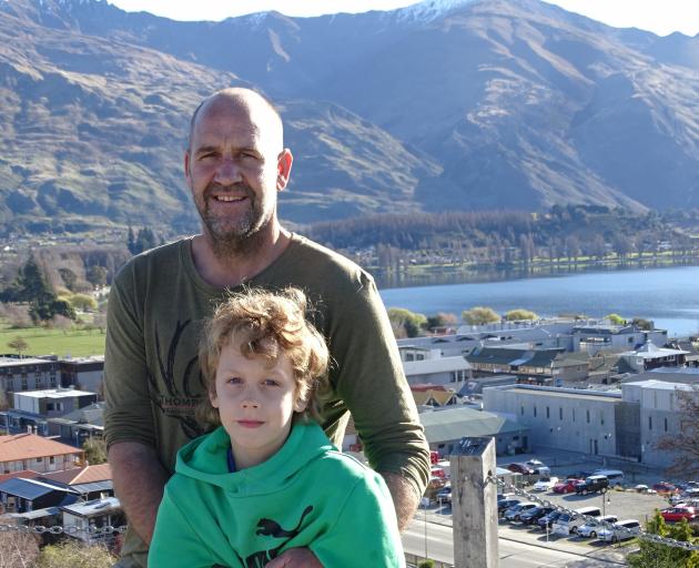 Dean Rankin with son Ethan (7) at the lookout in front of Wanaka’s War Memorial.PHOTO: KERRIE...