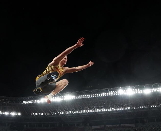 German Markus Rehm competes in the men’s long jump T64 final at the Tokyo Paralympics. PHOTO:...