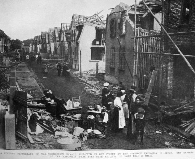 Damage inflicted on a residential street of Oppau, Germany, following an explosion at the nearby...
