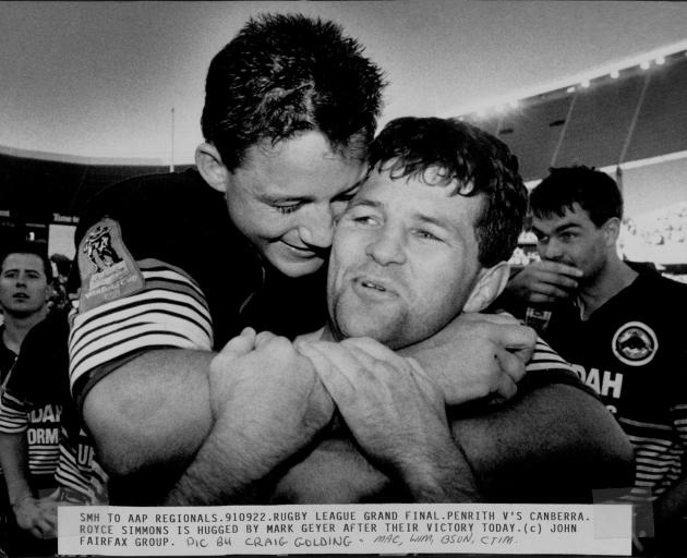 Royce Simmons is embraced by Penrith team-mate Mark Geyer after the 1991 ...